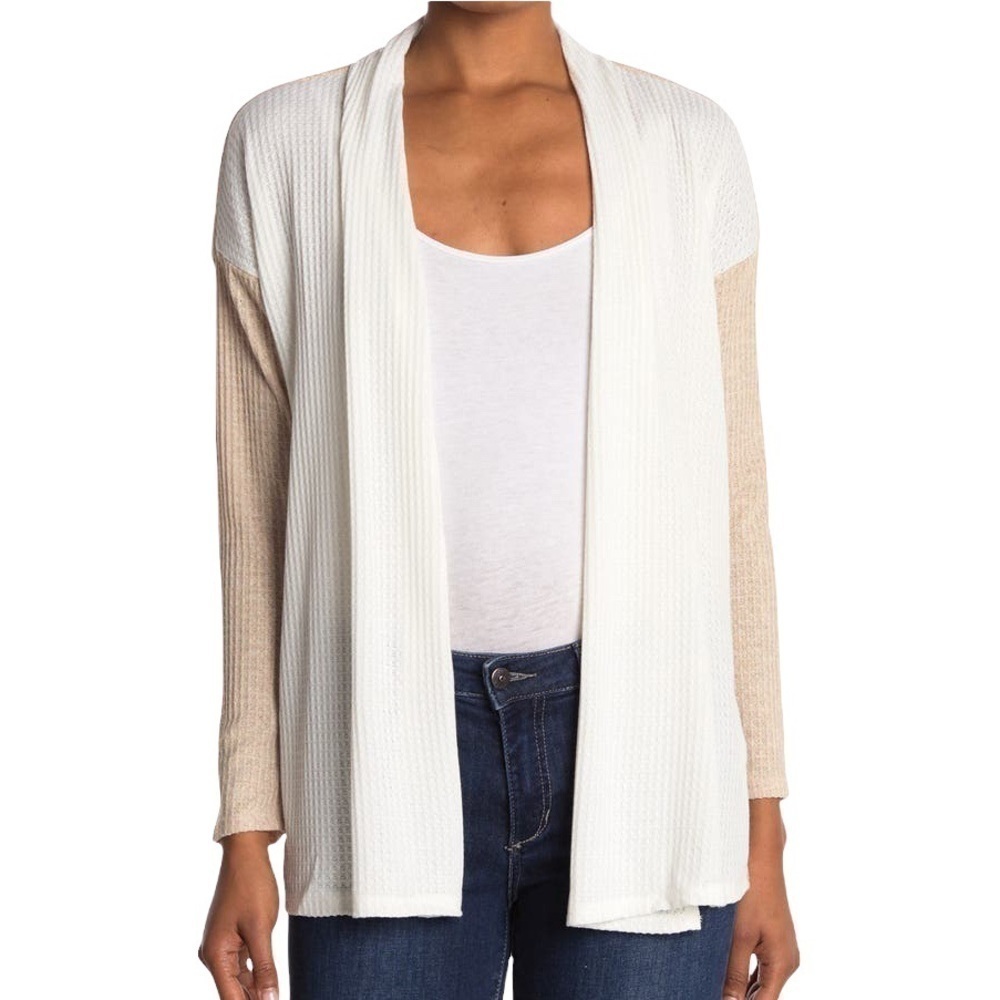 Bobeau Open Front Waffle Knit Cardigan Ivory & Oatmeal XS NWT New